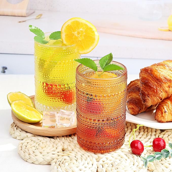 Hobnail-Drinking Glasses 13oz Vintage Glassware Sets Cocktail Juice Glasses Set of 6, Amber
