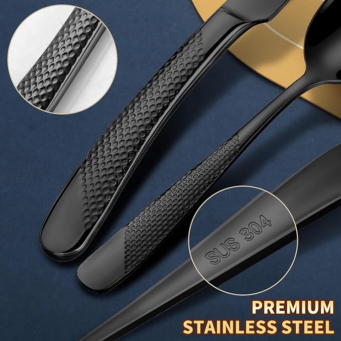 Hammered 30-Pieces Set Black Silverware Set for 6 with Serrated Forging Knives,18/10 Stainless Steel Modern Flatware Set,Unique Cutlery Set,Mirror Polished,Dishwasher Safe