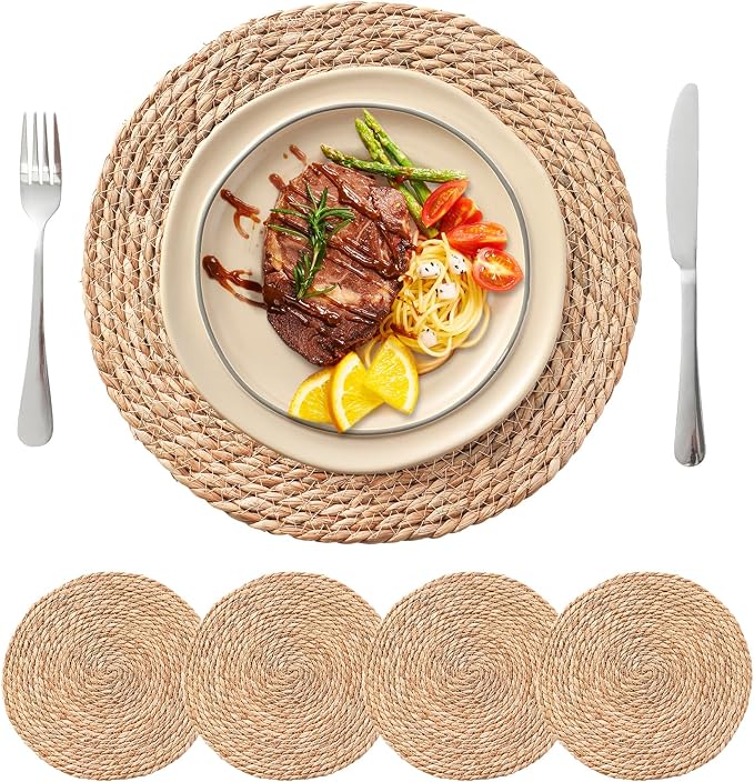 13.8'' Round Woven Placemats Set of 4, Boho Wicker Chargers, Terrekraft | Handmade from Natural Water Hyacinth, Heat-resistant & Non-slip Rattan Chargers, Rustic Farmhouse Decor, Party & Daily Dining