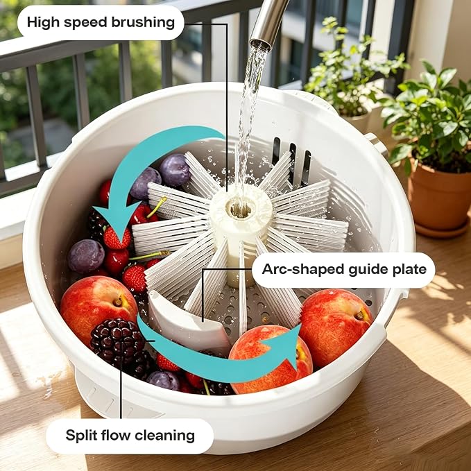Fruit Vegetable Cleaner Spinner Collapsible Double Layer Washing Bowl | Manual washer with built-in scrubber to clear surface residues, great for berries and various produce cleaning