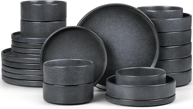 E-far Dinnerware Sets with Pasta Bowls, 24-Piece, Deep Gray | Stoneware Plates and Bowls Sets for 6, Chip and Scratch Resistant, Microwave & Dishwasher Safe Kitchen Modern Dish Set