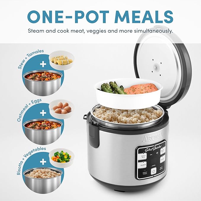 AROMA® Select Stainless® Rice Cooker, 4-Cup (Uncooked) / 8-Cup (Cooked), 2 Qt, Stainless Steel Inner Pot, Multicooker, Steamer, Stainless Steel, ARC-914SBDS