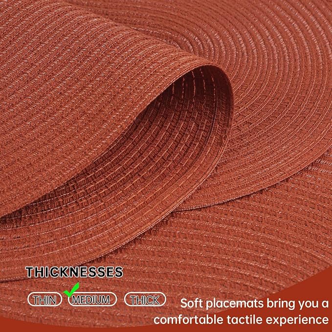 Placemats Set of 6, Woven Oval Braided Dining Table Mats(Rust Orange) | 12 x 17.5 Inch Size Fits Plates and Flatware; Hand Washable and Heat Resistant for Kitchen Use, with Farmhouse and Boho Style