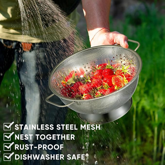 3 Pcs Stainless Steel Colander Set Colander Bowl and Sieves 1/3/5 Quart Metal Mesh Strainer Net Basket with Handles Food Spaghetti Strainer for Kitchen Draining Pasta Rinsing(Silver)