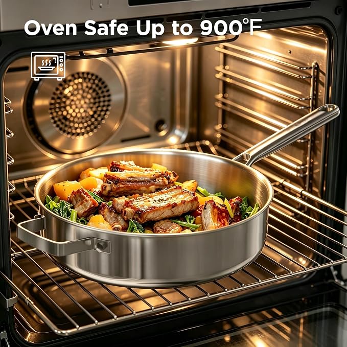 COOKER KING 3.6Qt Sauté Pan w/Lid, Stainless Steel Deep Skillet for Frying | Non-Toxic Uncoated Cookware, Dishwasher & Oven Safe, Induction Ready, Stay-Cool Handle, 3-Ply Clad for Fast Heat