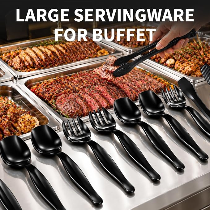 36 Pcs 9 Inch Plastic Serving Utensils Set, for Large Party | 12 Black Spoons + 12 Forks + 12 Tongs, Heavy Duty Disposable Tableware, for Buffet, Catering, Salad, Pasta and Soup