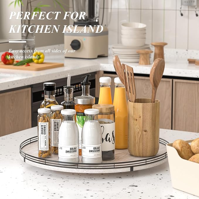 AMH 21-Inch Whitewashed Farmhouse Wooden Lazy Susan Organizer | Smooth rotating oak tray with walnut finish for dining tables, kitchen counters, pantries and cabinet storage.