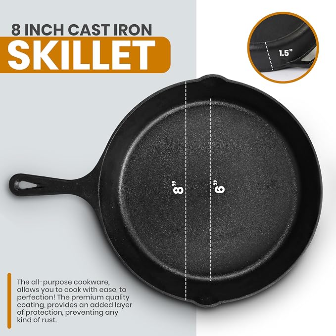Utopia Kitchen Cast Iron Skillet 8 Inch with Lid Chefs Frying Pan Black | Chefs Pan, Pre Seasoned Skiller, Indoor and Outdoor Use, Grill Safe Cookware, Even Heat Distribution, Durable