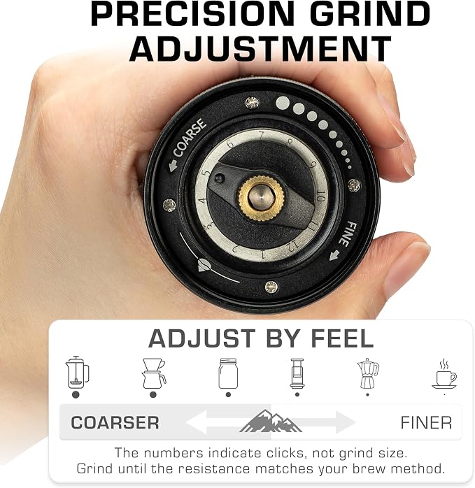COLETTI Crag Manual Coffee Grinder — Hand Coffee Grinder — CNC Burr Precision Hand Grind, Heavy Duty for Travel, Camping, Hiking & Adventure – Includes Brush [Black Coat]