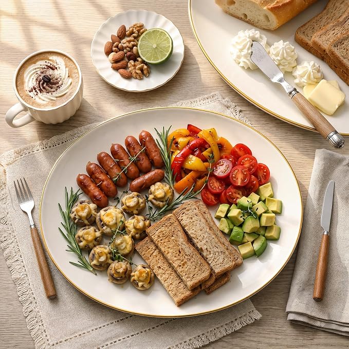 6Pcs Ivory and Gold Plastic Platters - 10’’ x 12’’ Elegant Ivory Oval Disposable Plates - Heavy Duty Serving Trays for Parties/Weddings/BBQ/Picnic/Dinner Party