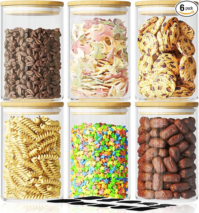 6Pcs 37oz Glass Storage Jars, Airtight Bamboo Lid Containers With Labels | Moisture Barrier Seal, Transparent Visible Tank, Ample Capacity, Cabinet Space Saving, Simple Sort Marking