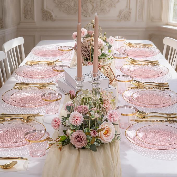 DaYammi 175PCS Clear Pink Plastic Dinnerware Set for 25 Guests, Hammered Disposable Plates for Party, Include: 25 Dinner Plates, 25 Dessert Plates, 75 Gold Silverware, 25 Napkins, 25 Cups