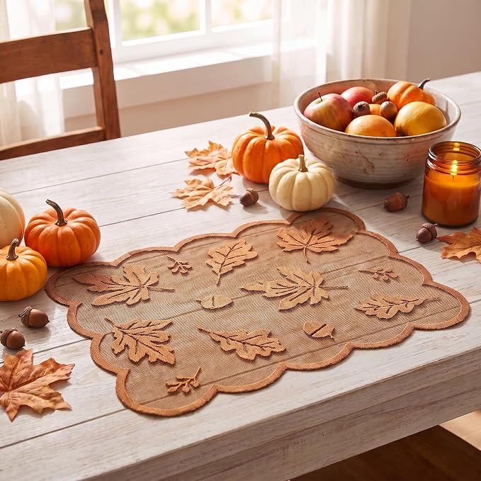 Artoid Mode Rust Maple Leaves Lace Fall Placemats Set of 4, 11x17 Inch Table Mats for Thanksgiving Party Dining Table Decoration
