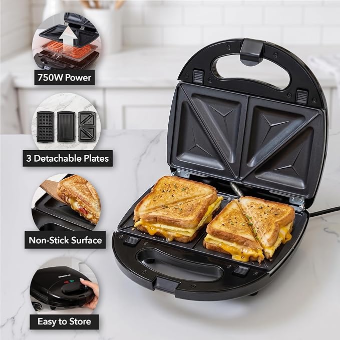 OVENTE Electric Sandwich, Panini and Waffle Maker Set, Black GPI202B | 3 Removable Non-Stick Plates, 750 Watts, Perfect for Grilled Cheese, Tuna Melts, Burgers, Steaks and Snacks