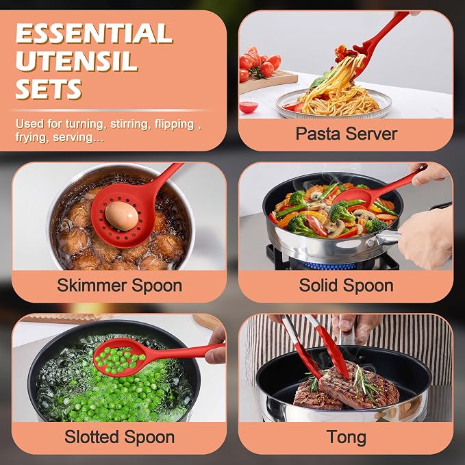 Homikit Kitchen Cooking Utensils Set, 15-Piece Silicone Spatula with Holder | Silicone Kitchen Utensil for Nonstick Cookware, 446°F Heat Resistant Spoon Turner Tong Whisk Brush for Cooking & Baking, Red