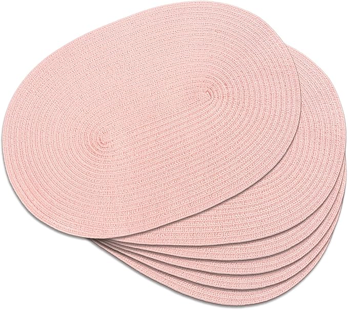 Placemats Set of 6, Woven Oval Braided Dining Table Mats(Blush Pink) | 12 x 17.5 Inch Size Fits Plates and Flatware; Hand Washable and Heat Resistant for Kitchen Use, with Farmhouse and Boho Style