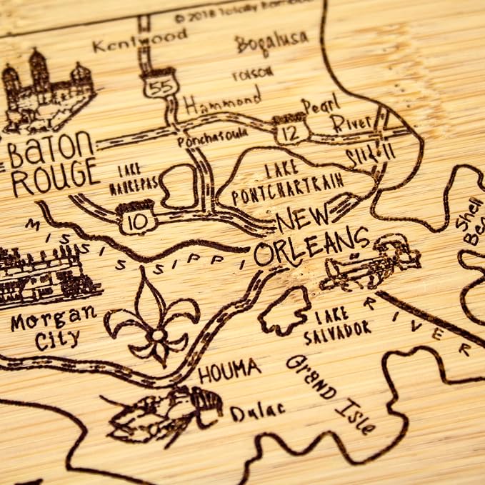 Totally Bamboo A Slice of Life Louisiana Engraved Map Cutting Board | 11” x 8.75” charcuterie board with engraved state map artwork. Smooth reverse side for food prep. Hang tie for wall display.