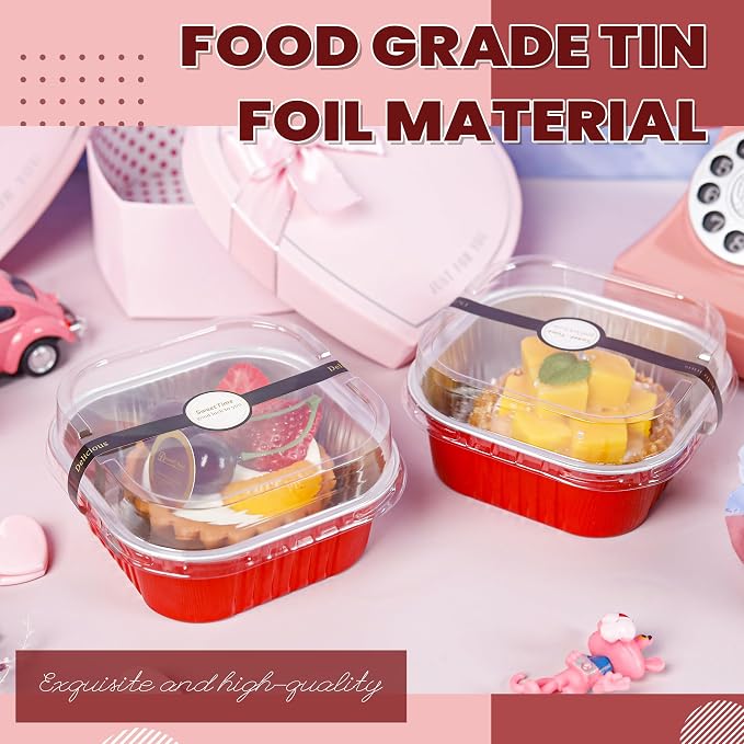 Square Cake Pans with Lids, 60 Pack Red 10oz for Party Favors | Works for sweet bites, savory samples, dips and layered cups; add the cover only after contents cool.