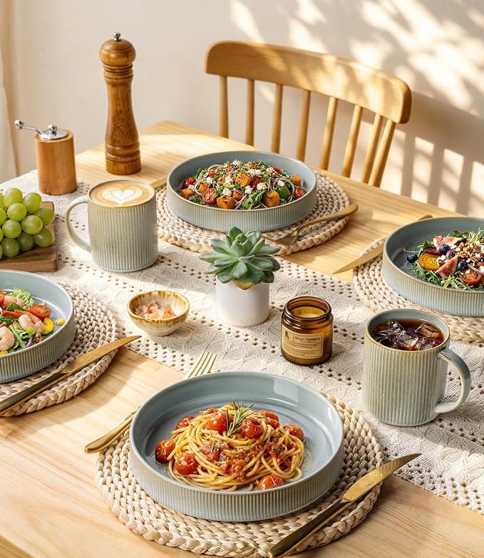 8.25" Ceramic Pasta Bowls Set of 4, Salad Bowls | Versatile Serving Bowls for Pasta, Salad, Fruit & Noodles, Housewarming & Wedding Gift, Desert Sage