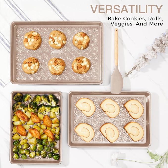 Nonstick Baking Sheet Pan Set of 3, Cookie Sheets for Oven, Non-Toxic Half/Quarter/Jelly Roll Pans with Floral Swirl Texture, Heavy Duty 0.8mm Thick Oven Trays for Cooking, Champagne Gold