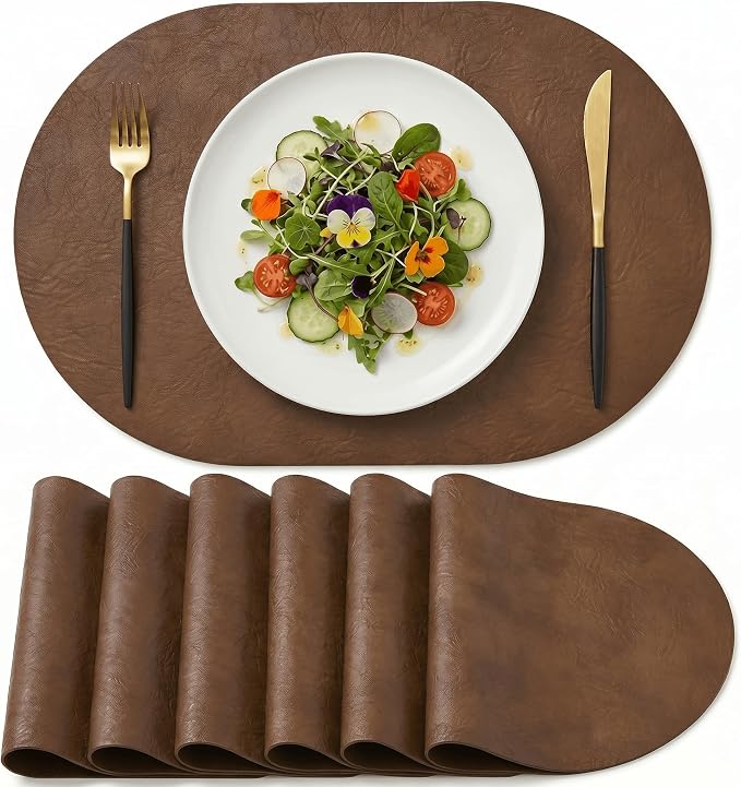 Artoid Mode Brown Faux Leather Oval Placemats Set of 6, 12 x 18 Inch Waterproof Wipeable Heat Resistant Vinyl Place Mats, Reversible Table Mats for Kitchen Dining Decor