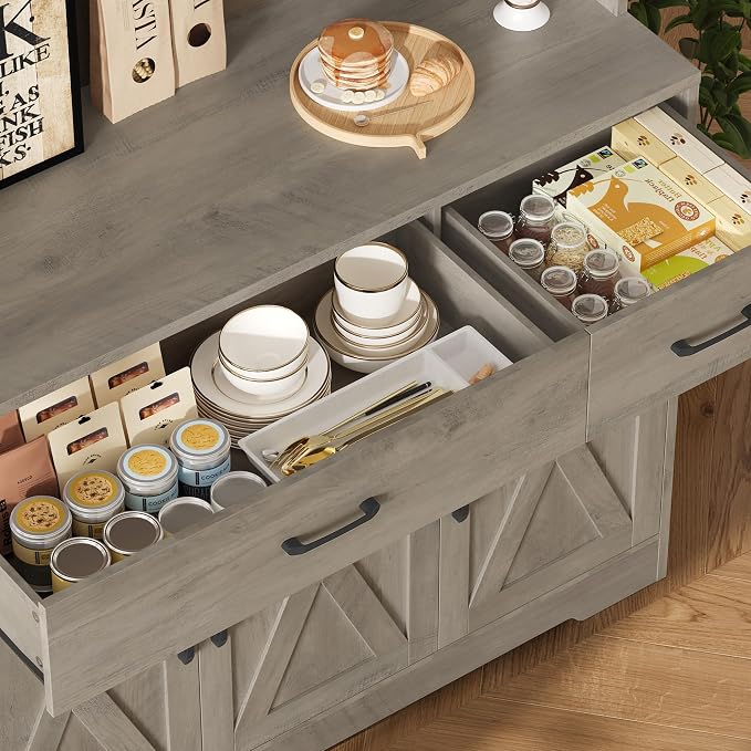 HOSTACK 71" H Kitchen Pantry Storage Cabinet, Farmhouse Hutch Cabinet, Grey | Space-Saving Pantry Cabinet with Charging Station & 2 Large Drawers & Adjustable Shelves, Tall Kitchen Hutch, Dining Room