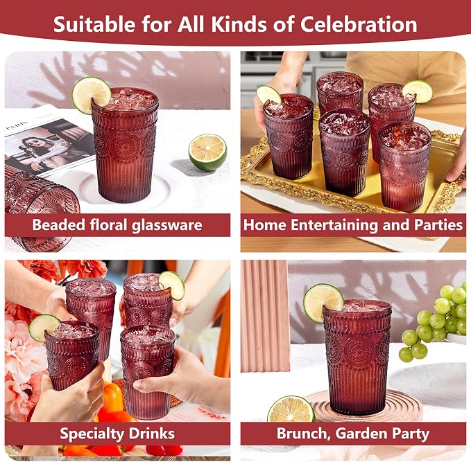 Ciaell 12 Pack Burgundy Plastic Water Glasses for Parties Dinners | 14 oz Burgundy Embossed Ribbed Vintage Drinking Cups, Heavy Duty Plastic, Beer Juice Cocktails for Outdoor Bars Showers