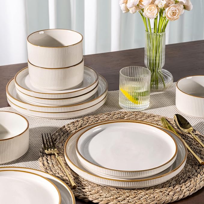 GBHOME Stoneware Dinnerware Sets for 8, 24-Piece Plates and Bowls Set | Handmade Reactive Glaze Ceramic Dish Set, Scratch Resistant, Dishwasher&Microwave Safe,Warm White