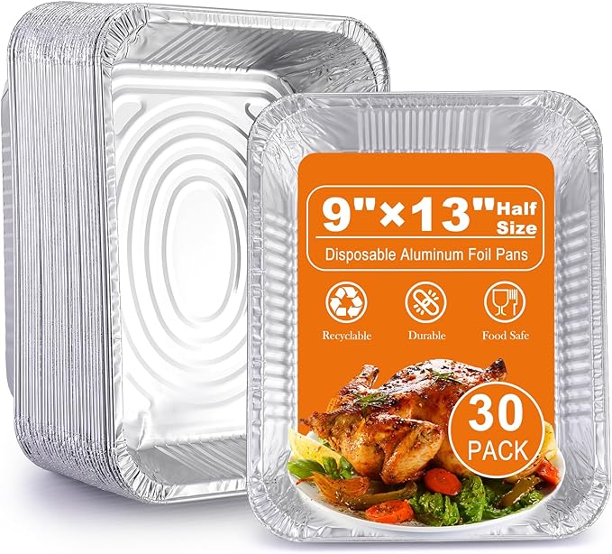 Aluminum Foil Pans 9x13 Disposable - Half Size Aluminum Foil Heavy Duty deep Steam Table Pan, Tin foil Turkey Sheets Tray Chafing Grill Accessories for Cooking, Baking, Storing, Food Prepping (30)