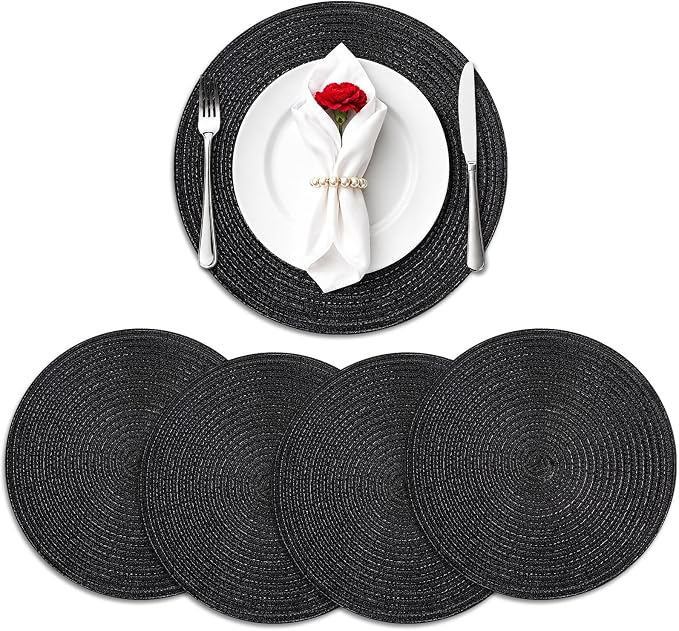 TaroKitc 15 in Round Placemats Set of 4, Washable Woven Braided Dining Table Mats, Heat Resistant Non-Slip Circle Place Mats for Kitchen Home Party Table Decor, Indoor & Outdoor - Black