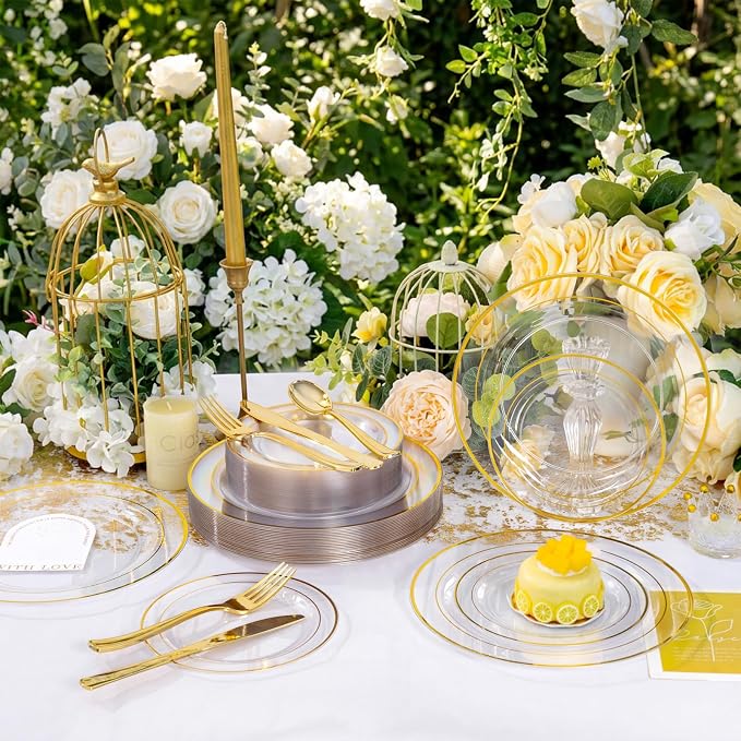 GATHER 350PCS Clear Plastic Plates with Gold Rim for Wedding and Party | Clear and Gold Disposable Dinnerware Sets include 100 Plates, 150 Silverware, 50 Napkins, 50 Cups for Anniversary Birthday