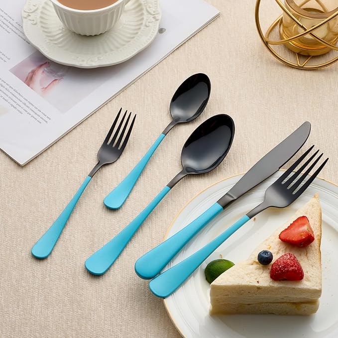 20-Piece Black and Lake Blue Silverware Set 18/0 Stainless Steel Silverware Set Lake Blue Handle Cutlery Set Service for 4 Dinner Knives Forks Spoons Set Flatware Set Finish Dishwasher Safe