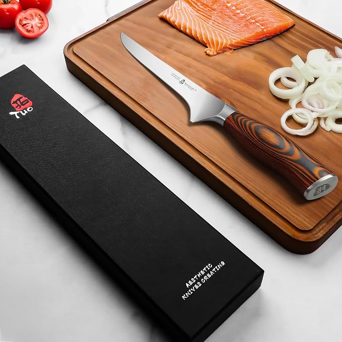 TUO Boning Knife, 7 inch Sharp Fillet Knife for Trimming Meat with Bones, Woodgrain Pakkawood Handle, High Carbon German Steel, Gift Box Included