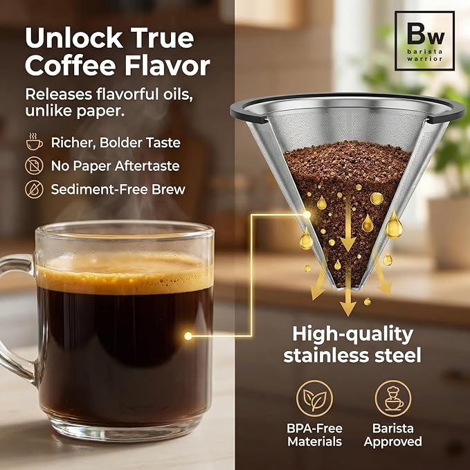 Barista Warrior Reusable Coffee Filter - Stainless Steel Pour Over Dripper, Compatible for Chemex, Hario V60 & Drippers, Easy to Clean Flavorful Brew Fine Mesh Coffee Filter - Silver