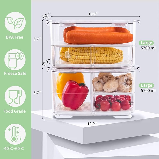 elabo Fridge Fruit Storage Containers, 2Pc Veggies Produce Saver Organizer | BPA-Free & Food Grade Containers, Keep Berries and Veggies Fresh, Large Capacity with Removable Drain Tray
