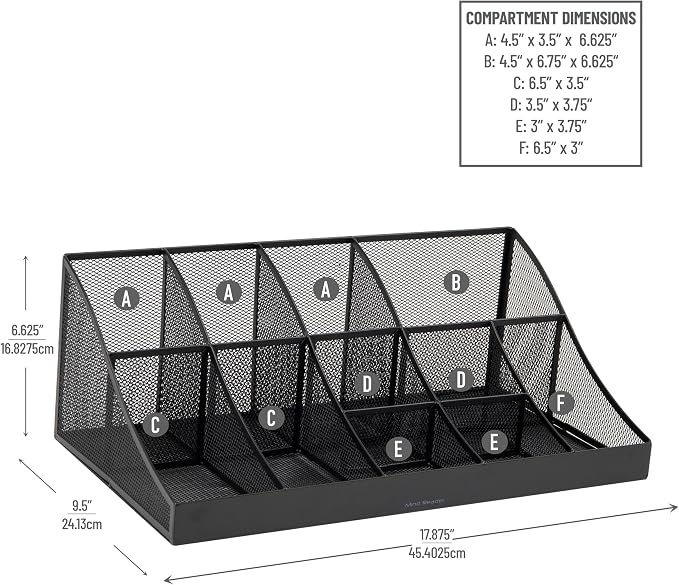 Mind Reader Countertop Organizer, 2 Tier Mesh Storage Caddy with 11 Compartments for Office Supplies, Breakroom Essentials, and Snacks