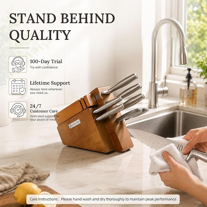 KnifeSaga Kitchen Knife Set with Block and Detachable Sharpener | 8-Piece High Carbon Stainless Steel Knife Block Set, Fully Forged Blades & Compact Design