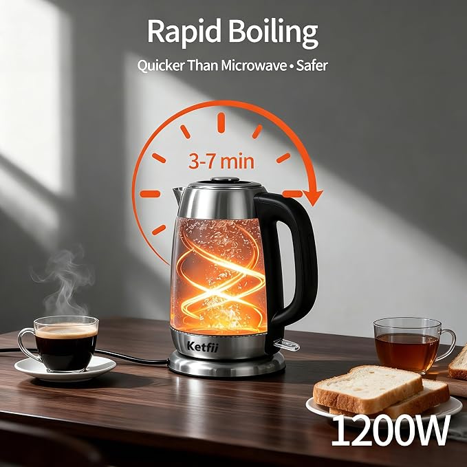 Electric Kettle 1.8 L, Stainless Steel & Glass, No Plastic, Fast Boiling | Coffee Tea Hot Water Boiler 1200W, Auto Shut Off, Boil-Dry Protection, BPA-Free, Borosilicate Glass, Removable Lid, LED Light
