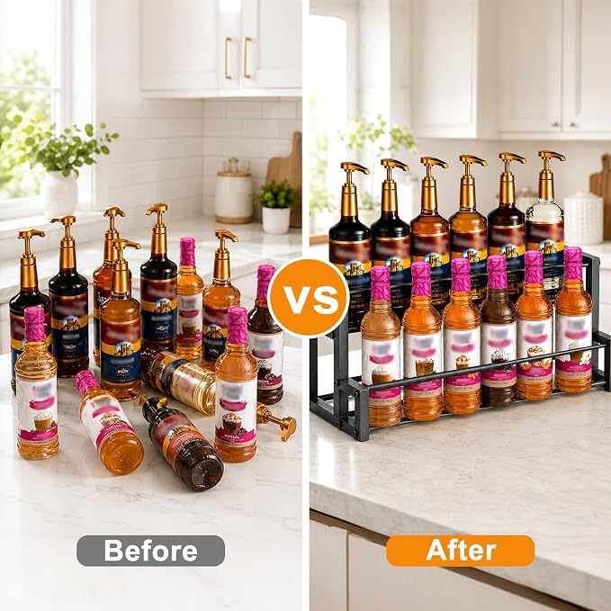 Gifhomfix Expandable Coffee Syrup Organizer, 2-Tier Heavy Duty Syrup Stand Holds 6 to 12 Syrup Bottles for Coffee Bar Accessories, Adjustable Width Bar Shelf, Wine Holder Countertop for Syrup, Wine