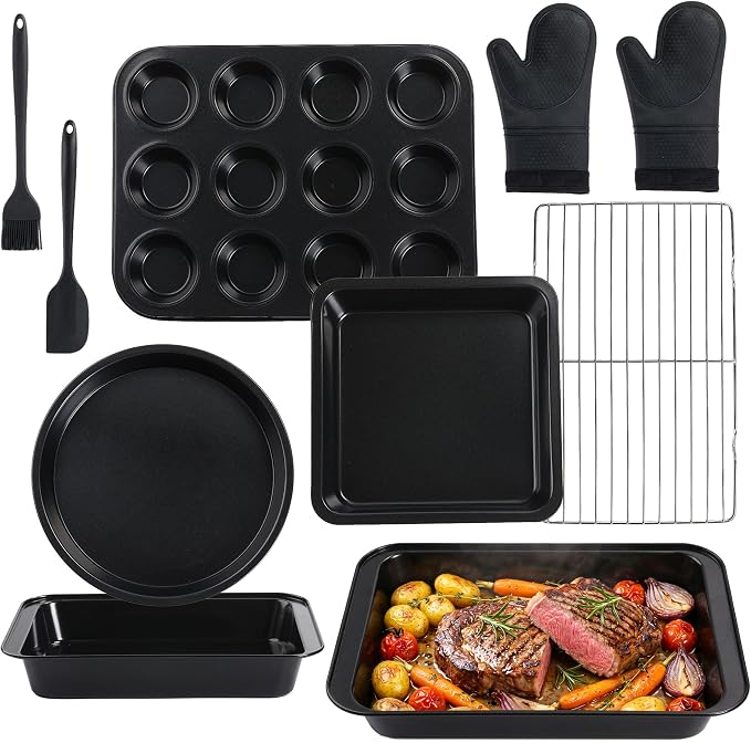 Nonstick Carbon Steel Bakeware Set – Stackable Baking Pans with Cookie Sheet, Muffin Pan, Loaf Pan, Cake Pan & Roasting Pan, Oven Safe to 450°F, (10)
