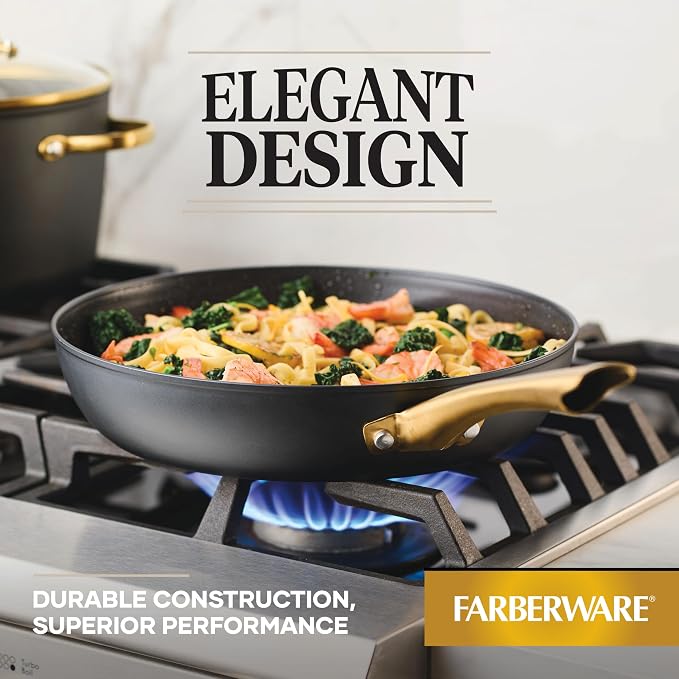 Farberware Forged Induction Ceramic Cookware Nonstick Frying Pan/Skillet, Dishwasher Safe, Suitable for All Stovetops, 12.25 Inch Fry Pan - Black and Gold