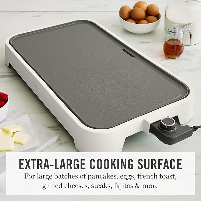 Martha Stewart 12"x 22" XL Electric Griddle, Ceramic Nonstick Flat Top | PFAS-Free Nonstick Grill, XL Cooking Surface for Pancakes & Eggs, Adjustable Temp Dial, Drip Tray, 1500W Heating, Linen White