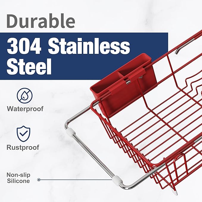 JASIWAY Red Dish Drying Rack in Sink with Mat, Cups and Utensil Holder | Use Over the Sink or Counter, Stainless Steel Expandable Dish Drainer for Small Kitchen, Space Saving, Fast Drain, Rustproof