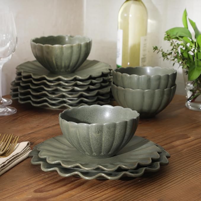 Gibson Elite Bistro Fleur Plates and Bowls Sets, 12-Piece Stoneware Dinnerware Set for 4, Matte Green Scalloped Dish Set with Dinner Plates, Salad Plates & Bowls