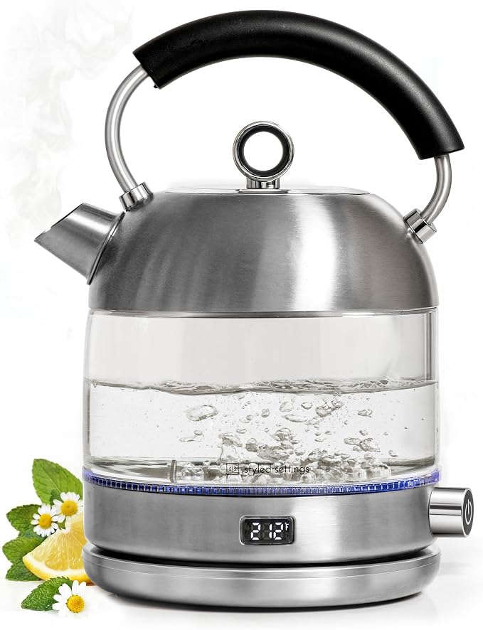 Styled Settings Glass Electric Kettle with Temperature Control, Silver | BPA and Plastic Free Electric Kettle with Keep Warm Function, Borosilicate Glass - Fast 1500W Hot Water Boiler, Auto Shut-Off