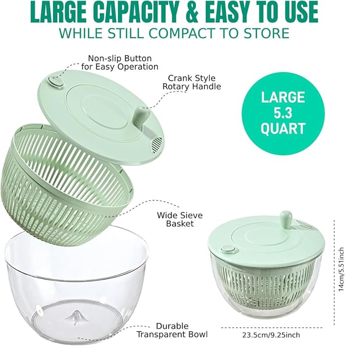 Salad Spinner for Washing & Drying Vegetables and Fruits, Lettuce Spinner with Clear Bowl & Inner Basket, Vegetable and Fruit Washing Dryer for Kitchen