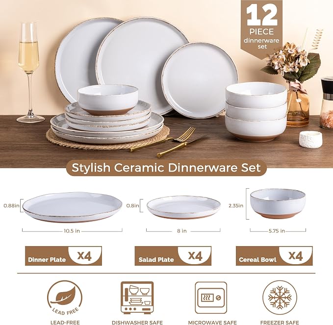 AmorArc Dinnerware Sets for 4, 12 Pieces Ceramic Plates and Bowls Set | Scratch Resistant Stoneware Dishes Set, Dishwasher & Microwave Safe,White