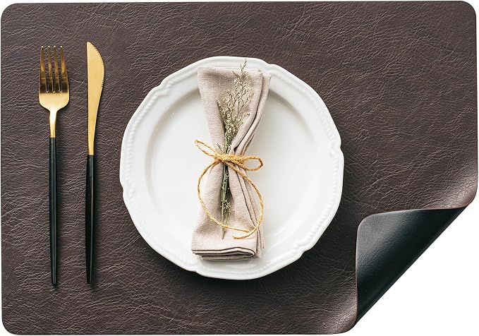 Placemats Set of 12, DOLOPL Reversible Dual-Color Faux Leather Place Mats 17"x11.8"– Waterproof, Heat Resistant, Washable & Wipeable, Luxury Retro Style for Kitchen, Dining Table (Dark Brown & Black