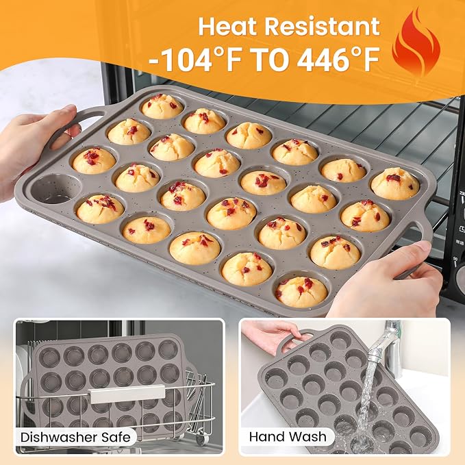 CAKETIME Mini Cupcake Pans, Metal Reinforced Frame Silicone Mini Muffin Pan Nonstick 24 Cups Easy to Handle for Baking Muffins, Cupcakes, Egg Bites 1 Pack