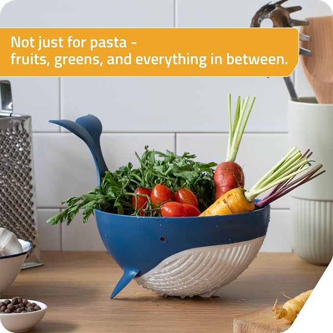 Peleg Design Pastail Medium Pasta Colander – Fun Whale-Shaped Plastic Colander for Draining Pasta, Vegetables, and Fruit. Fun kitchen gadgets. Cute kitchen gift.